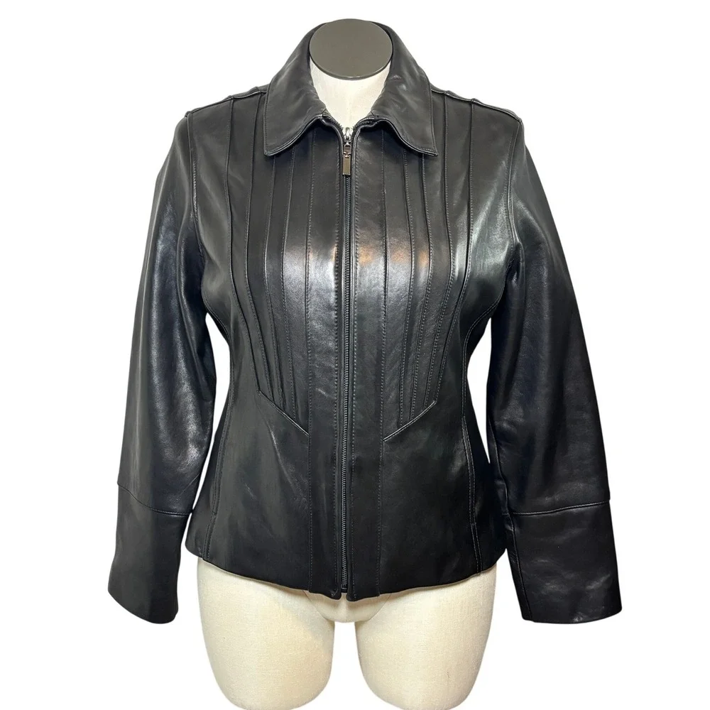 Avanti New York Womens Black Genuine Leather Zip Up Pintuck Pleated Jacket Large